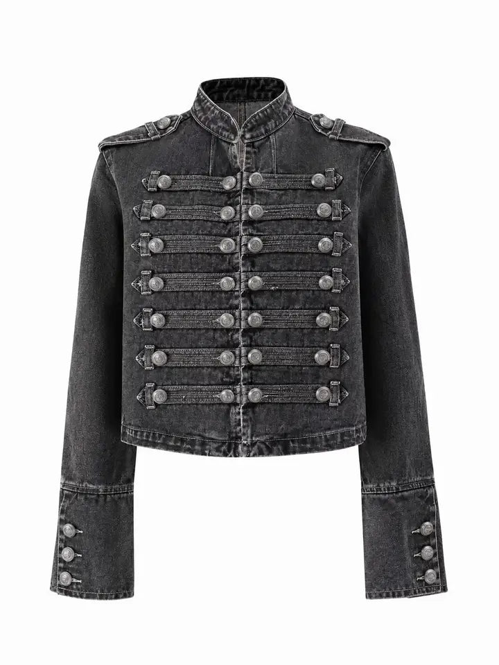Washed Black Military Style Denim Jacket