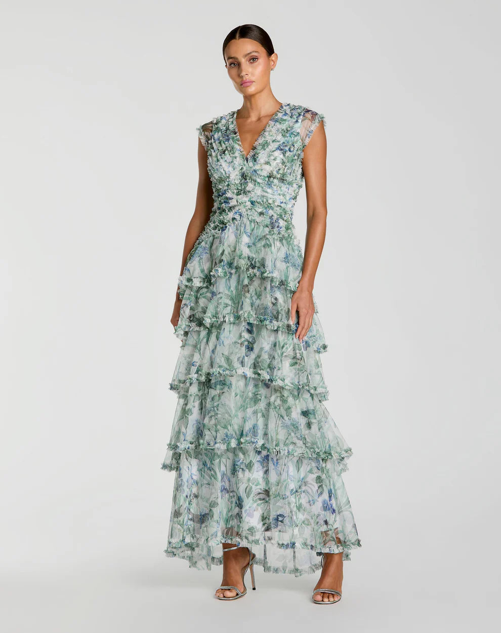 Blue Floral V Neck Tiered Ruffle Maxi Dress