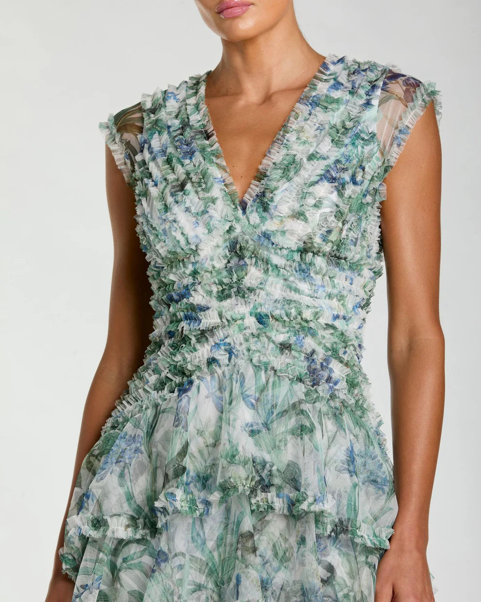 Blue Floral V Neck Tiered Ruffle Maxi Dress