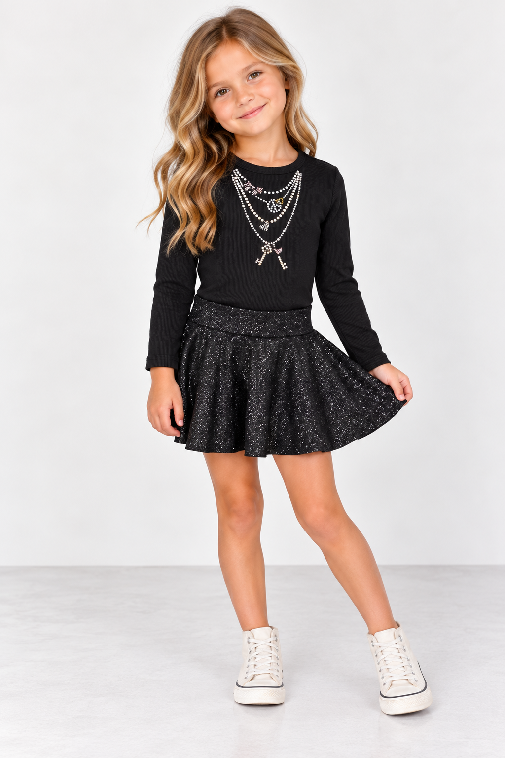 Girls Black Glitter Velvet Skort