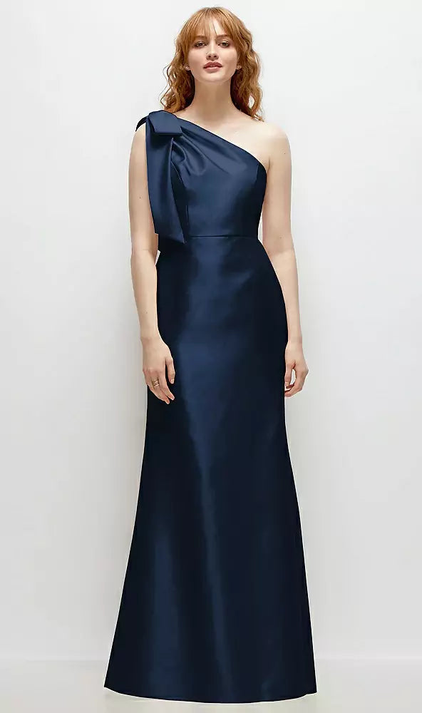 Bow One-Shoulder Satin Trumpet Gown