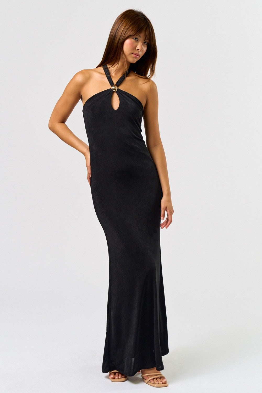 Metal Trim Halter Maxi Dress