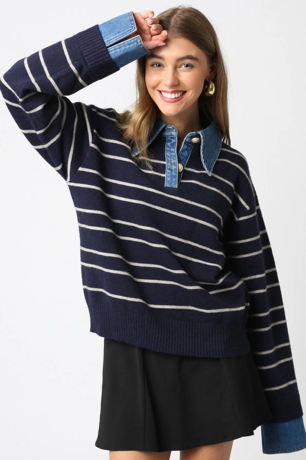 Stripe Denim Collar Layered Sweater