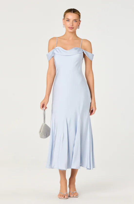 Araxie Satin Off-Shoulder Godet Midi Dress