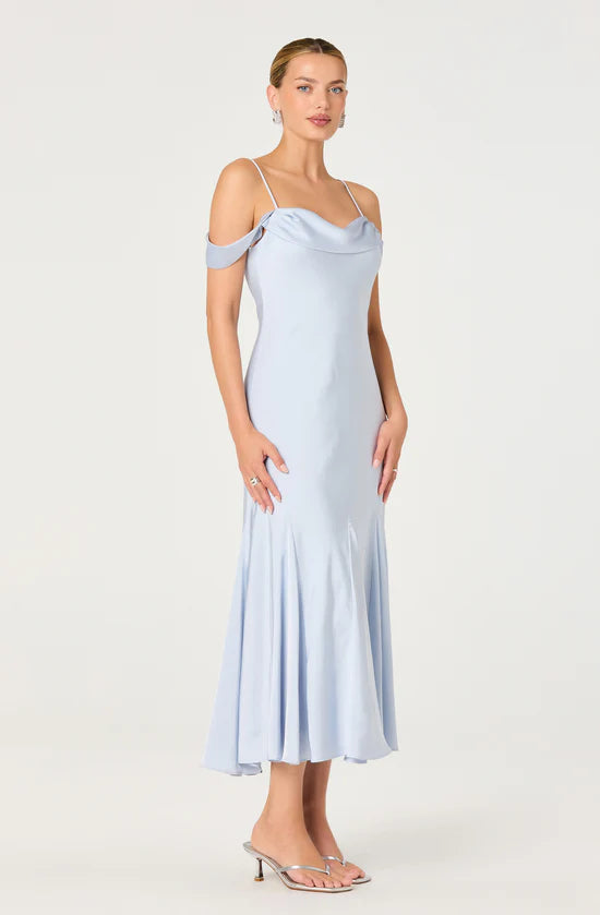 Araxie Satin Off-Shoulder Godet Midi Dress