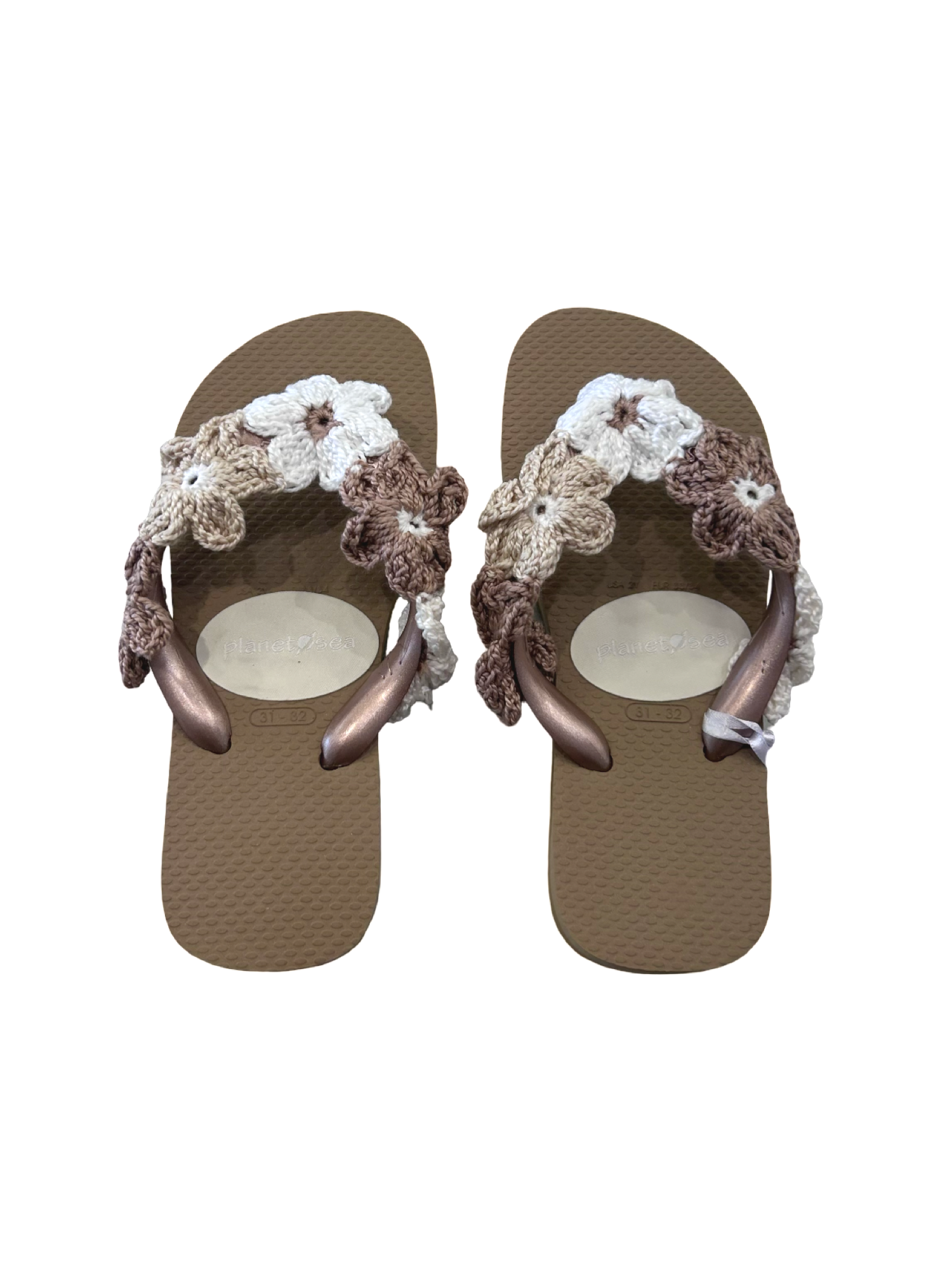 Girls Tan Crochet Flower Flip Flop Sandals