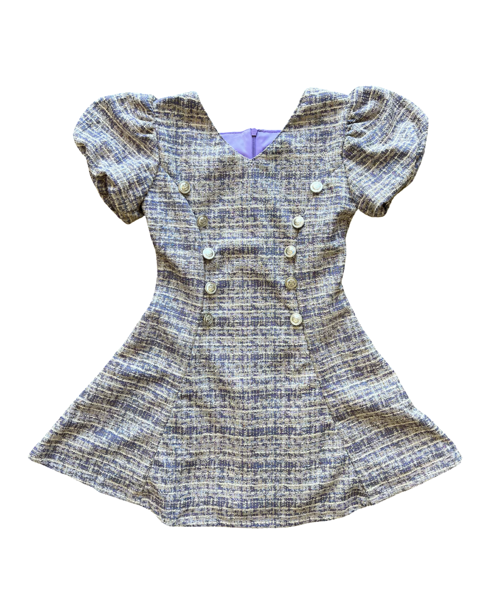 Lavender Tweed V-Neck Button Detail Dress