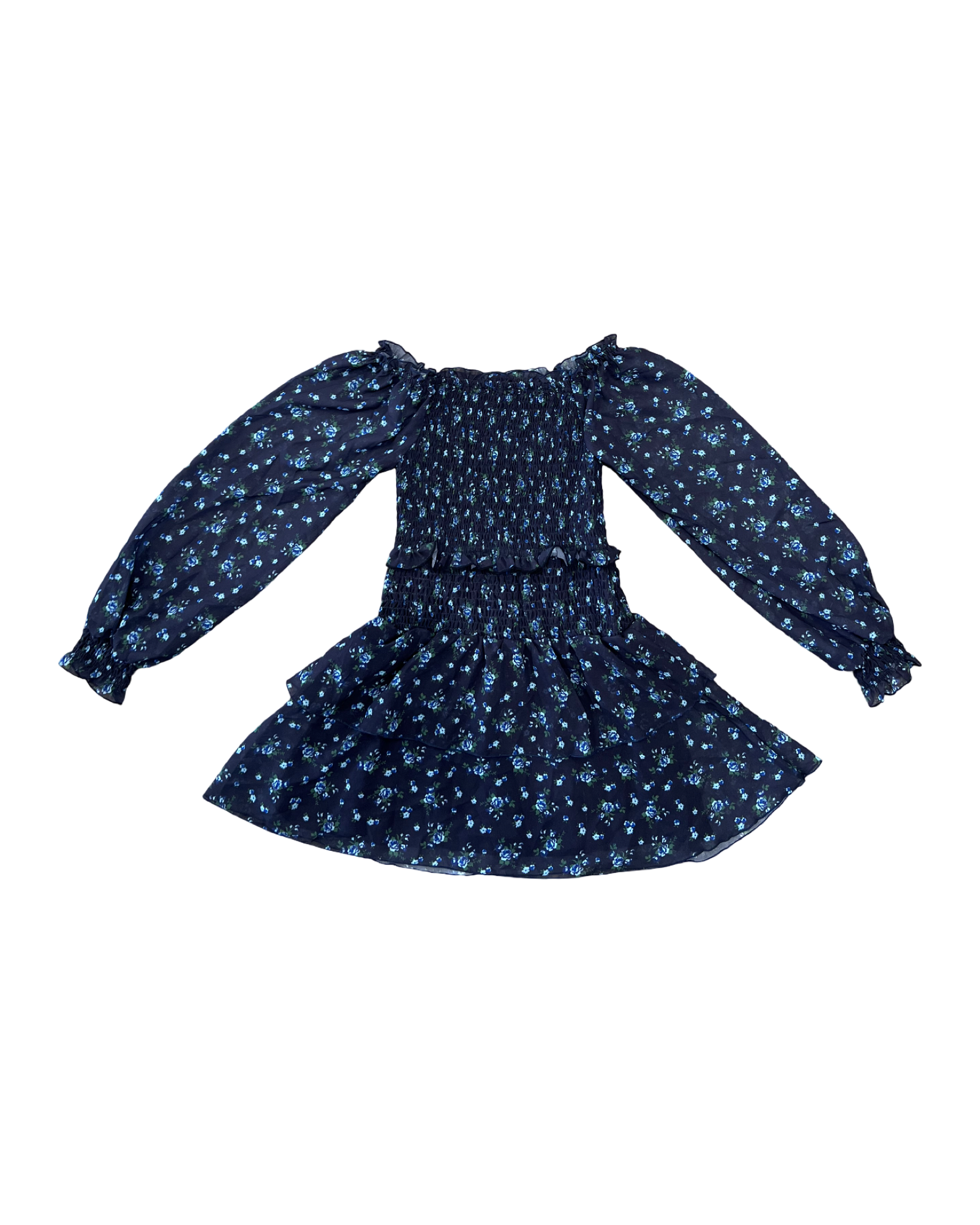 Navy/Light Blue Floral Smocked Long Sleeve Chiffon Dress