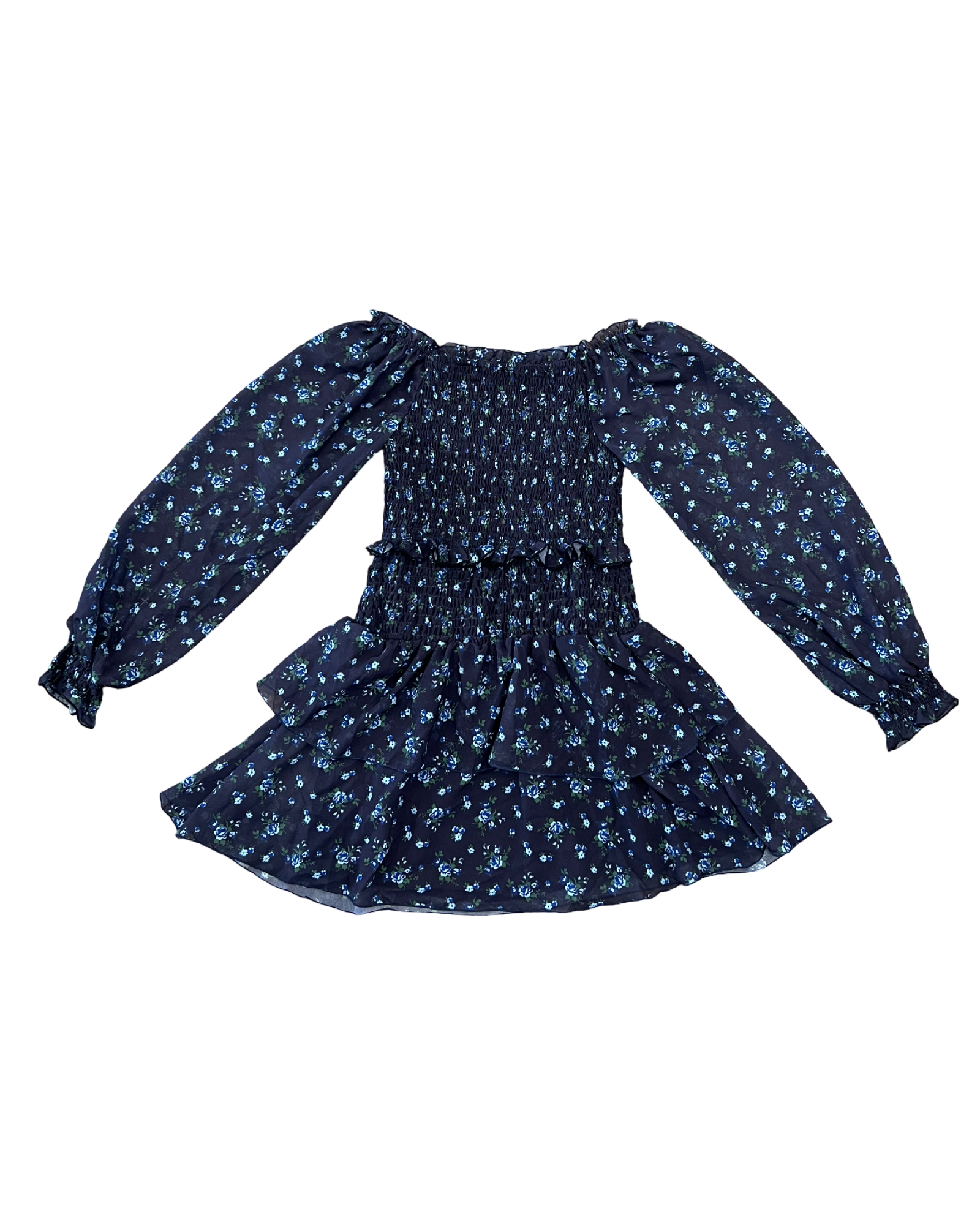 Navy/Light Blue Floral Smocked Long Sleeve Chiffon Dress