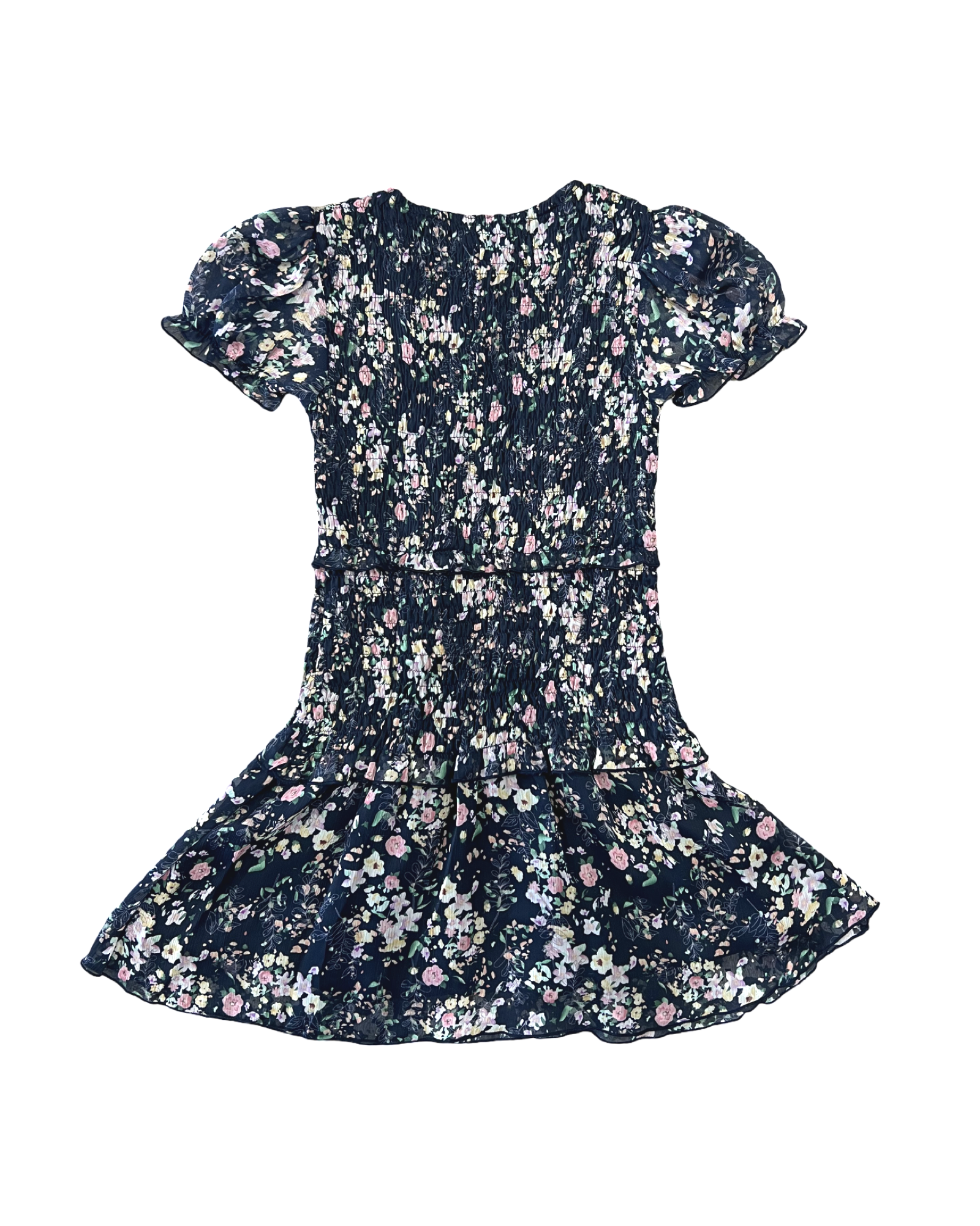 Navy Pink Floral Chiffon Puff Sleeve Smocked Short Sleeve Dress