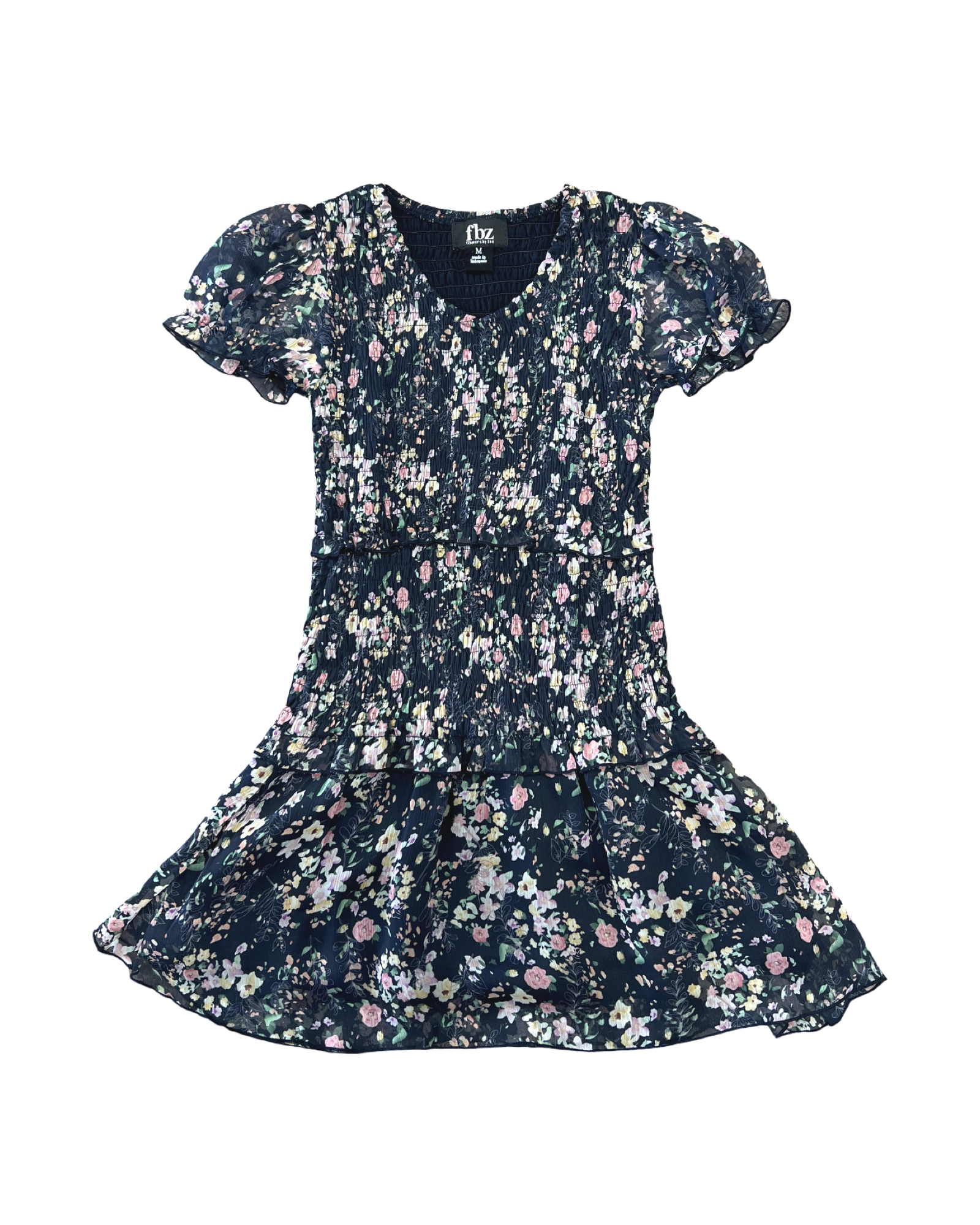 Navy Pink Floral Chiffon Puff Sleeve Smocked Short Sleeve Dress