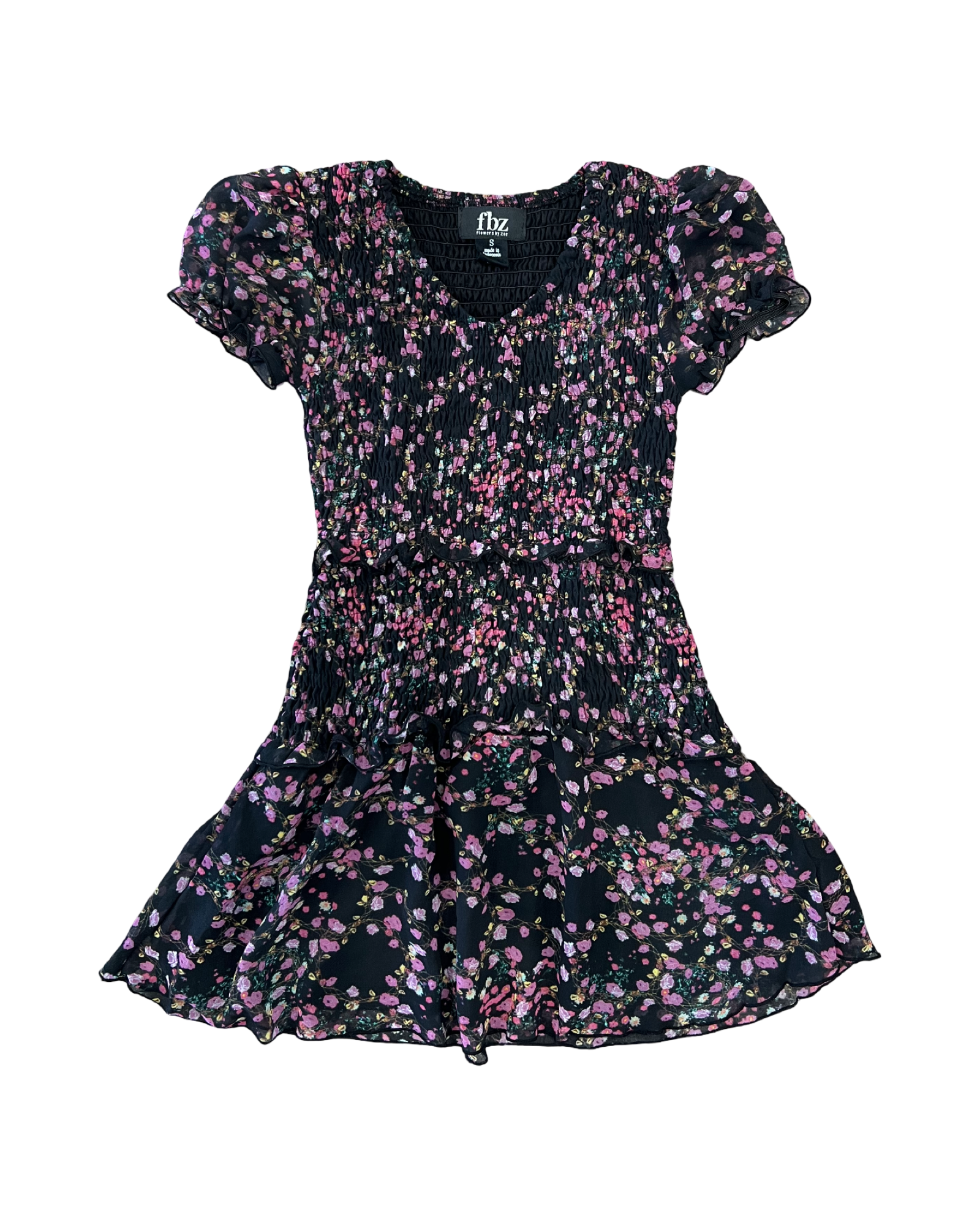 Black/Pink Floral Chiffon Short Sleeve Dress