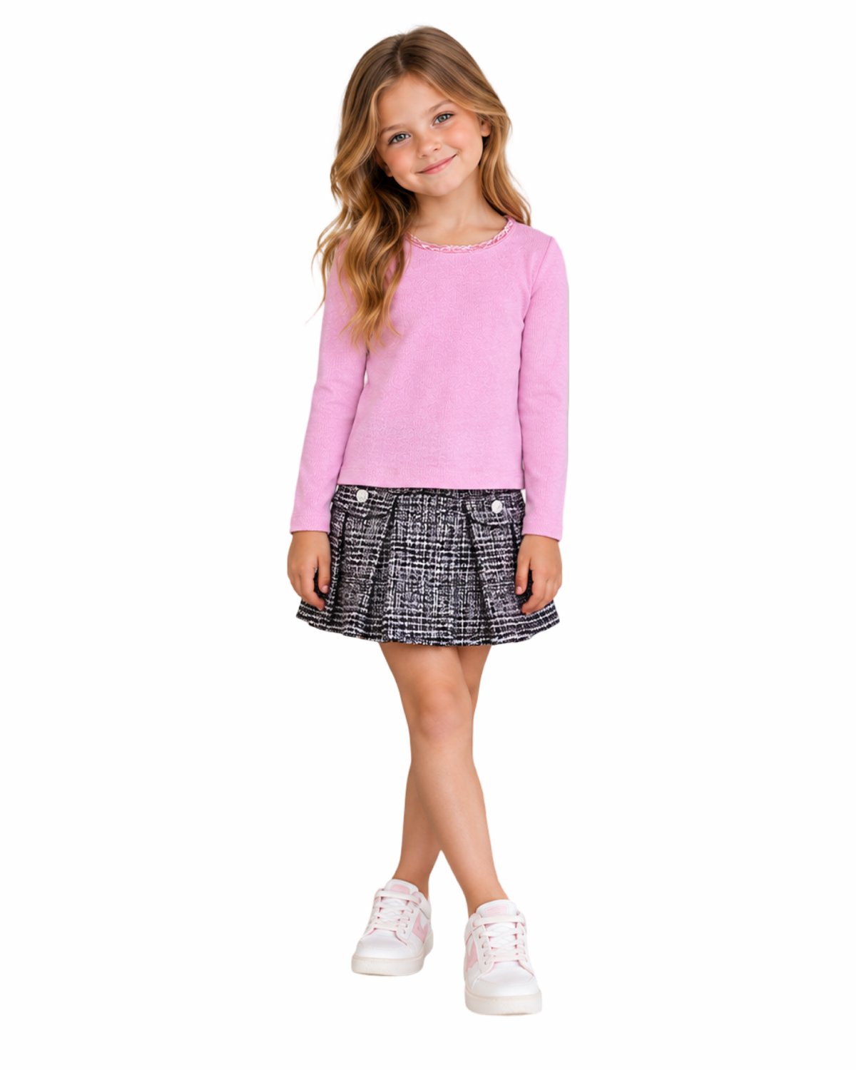 Girls Black & Pink Tweed Pleated Skirt