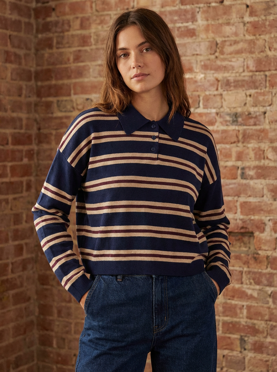 Stripe Polo Knit Top