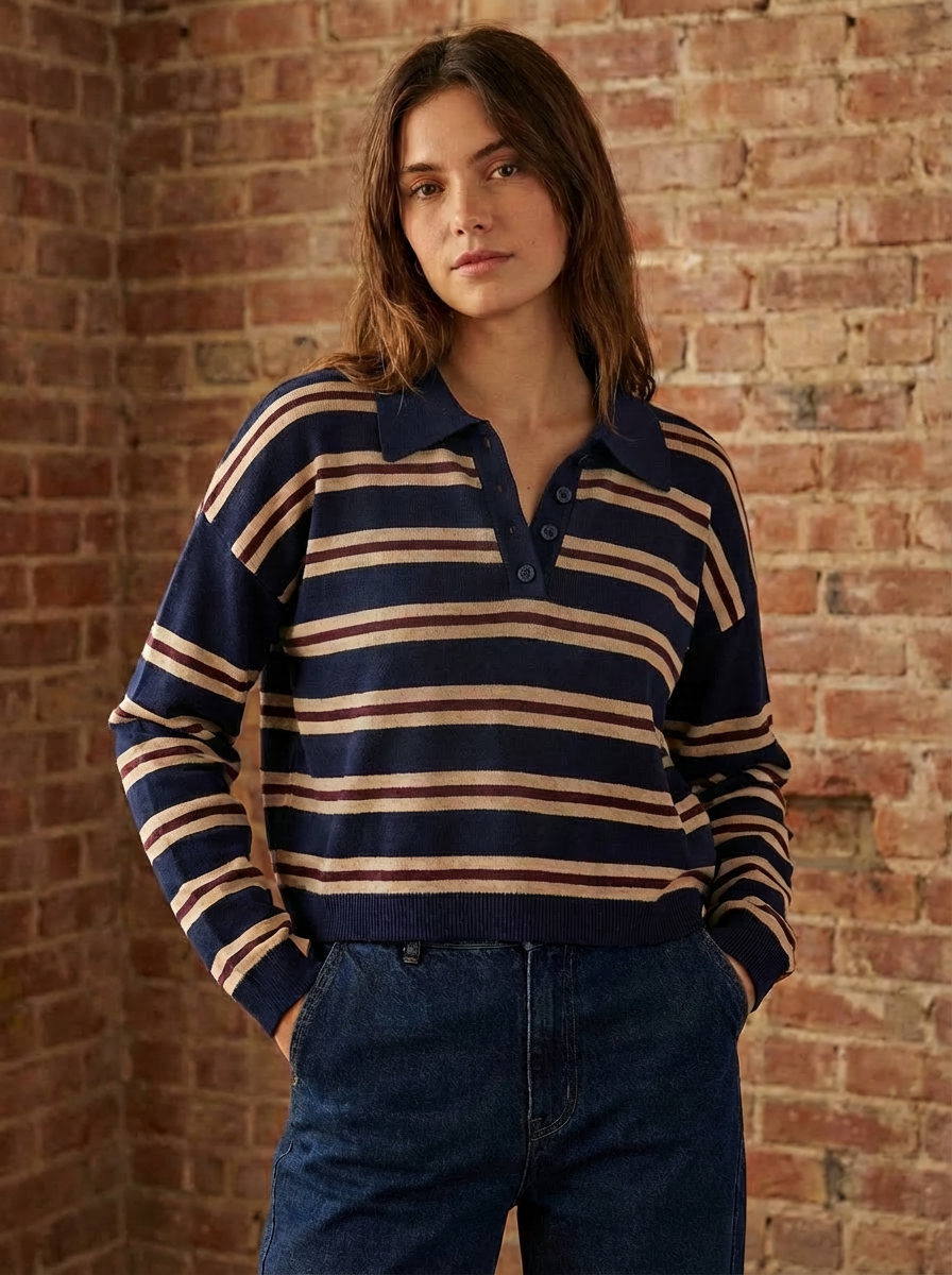Stripe Polo Knit Top