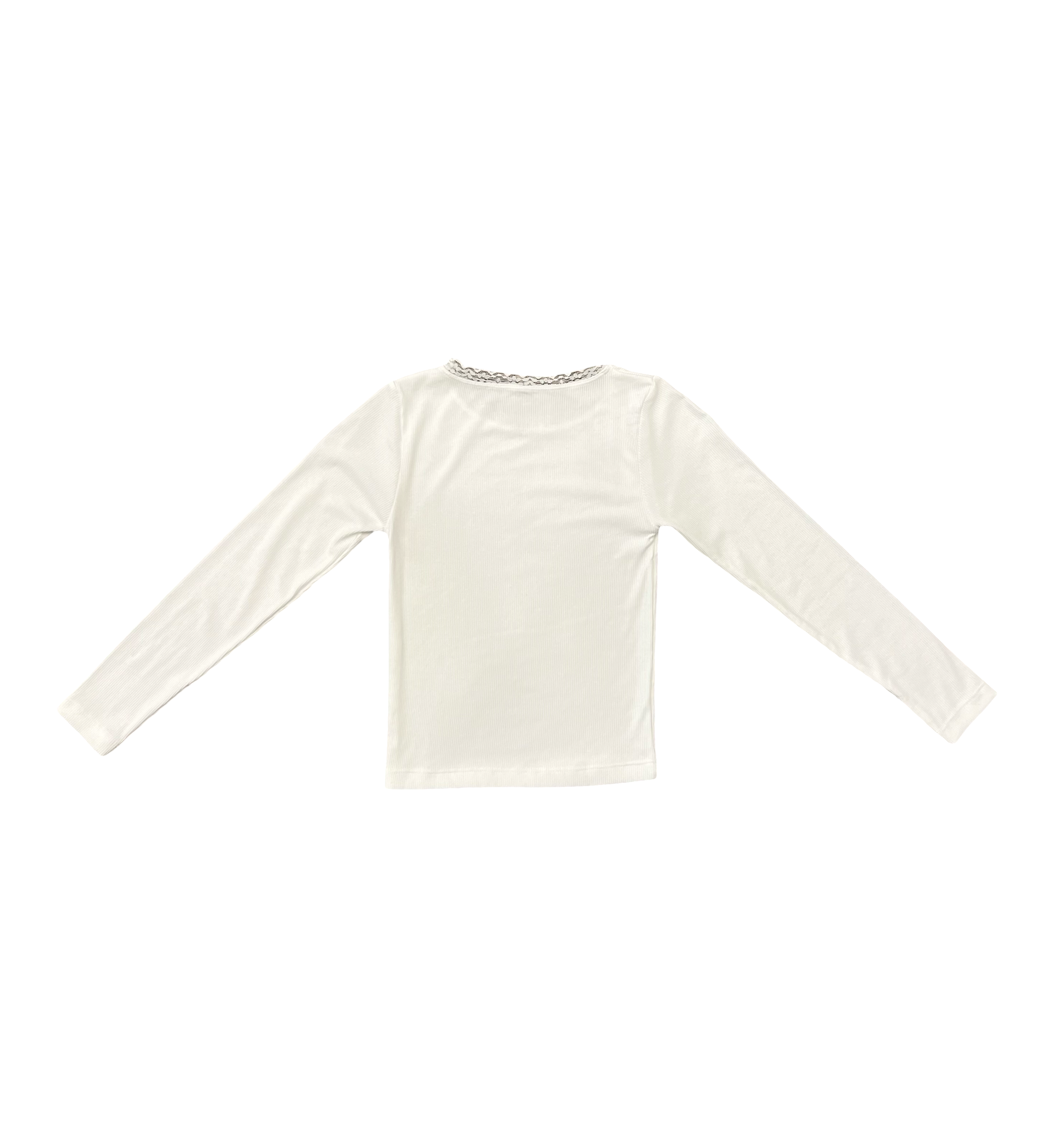 Off White Lace Trim Ribbed Long Sleeve Top