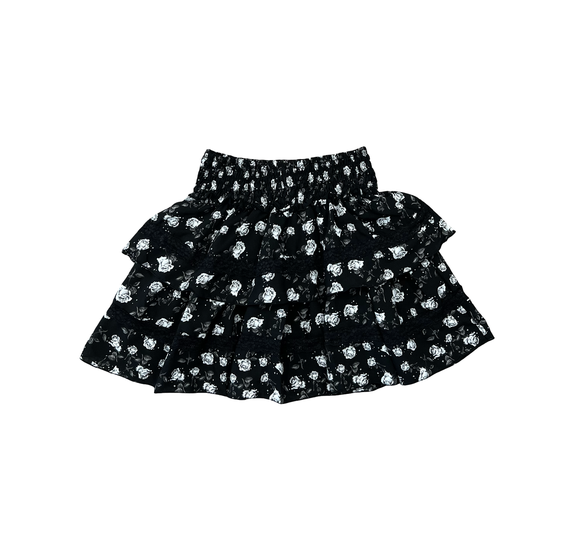 Black with Grey Roses Lace Trim Ruffle Skirt