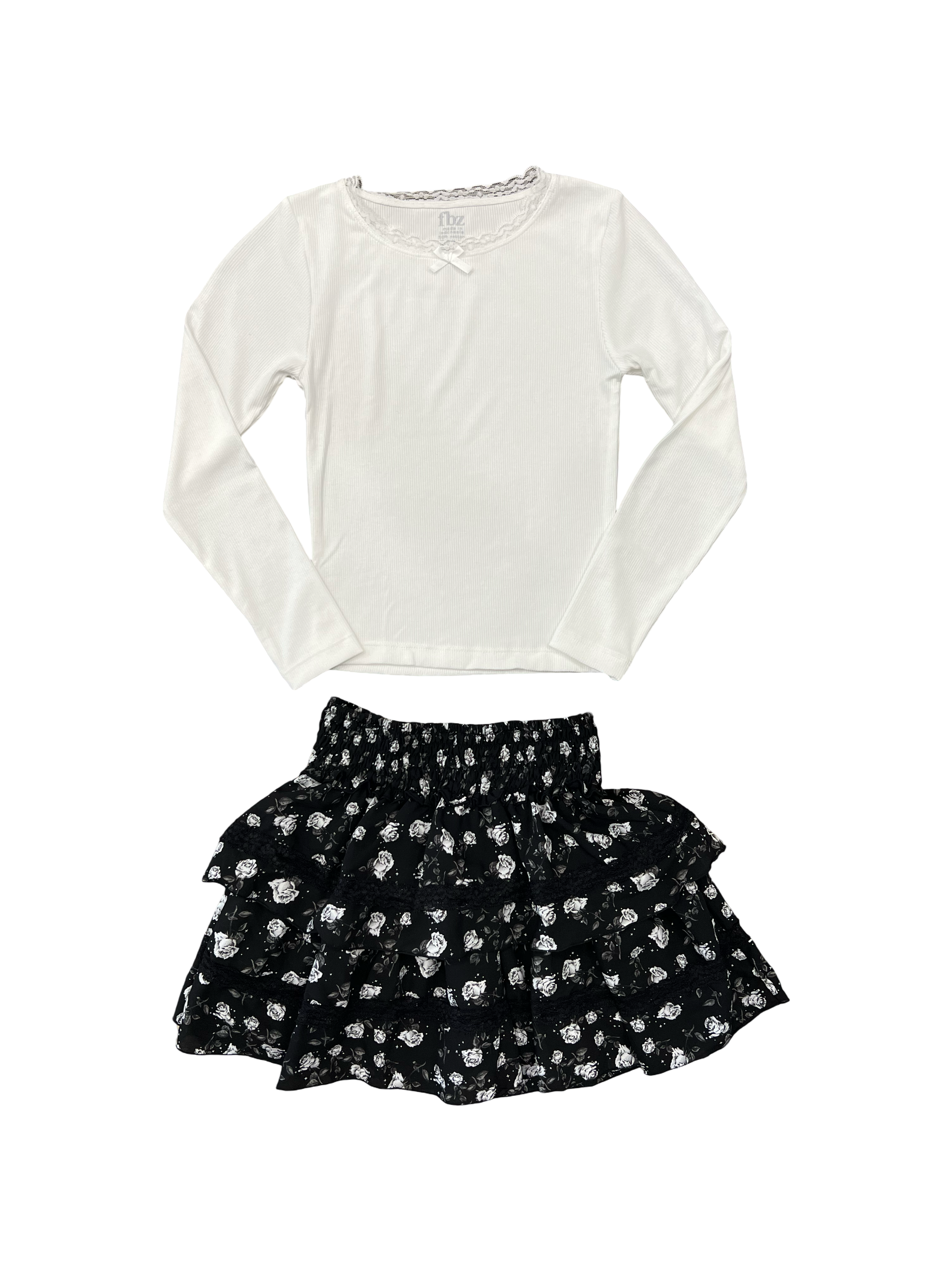 Black with Grey Roses Lace Trim Ruffle Skirt