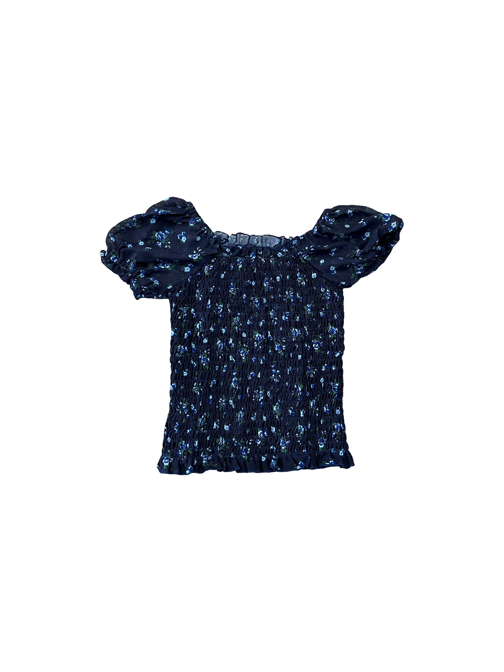 Blue Floral Chiffon Smocked Puff Sleeve Top