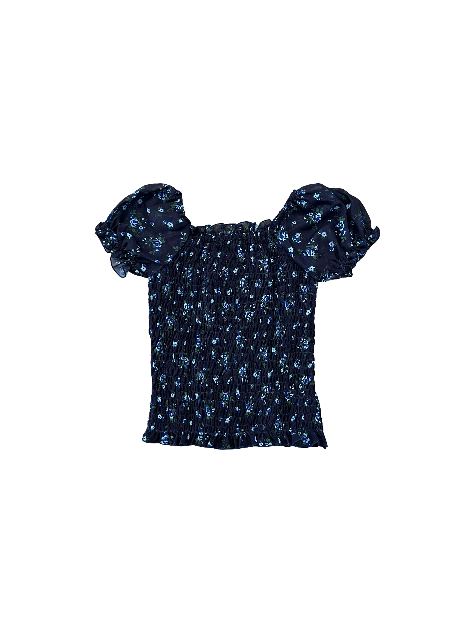 Blue Floral Chiffon Smocked Puff Sleeve Top