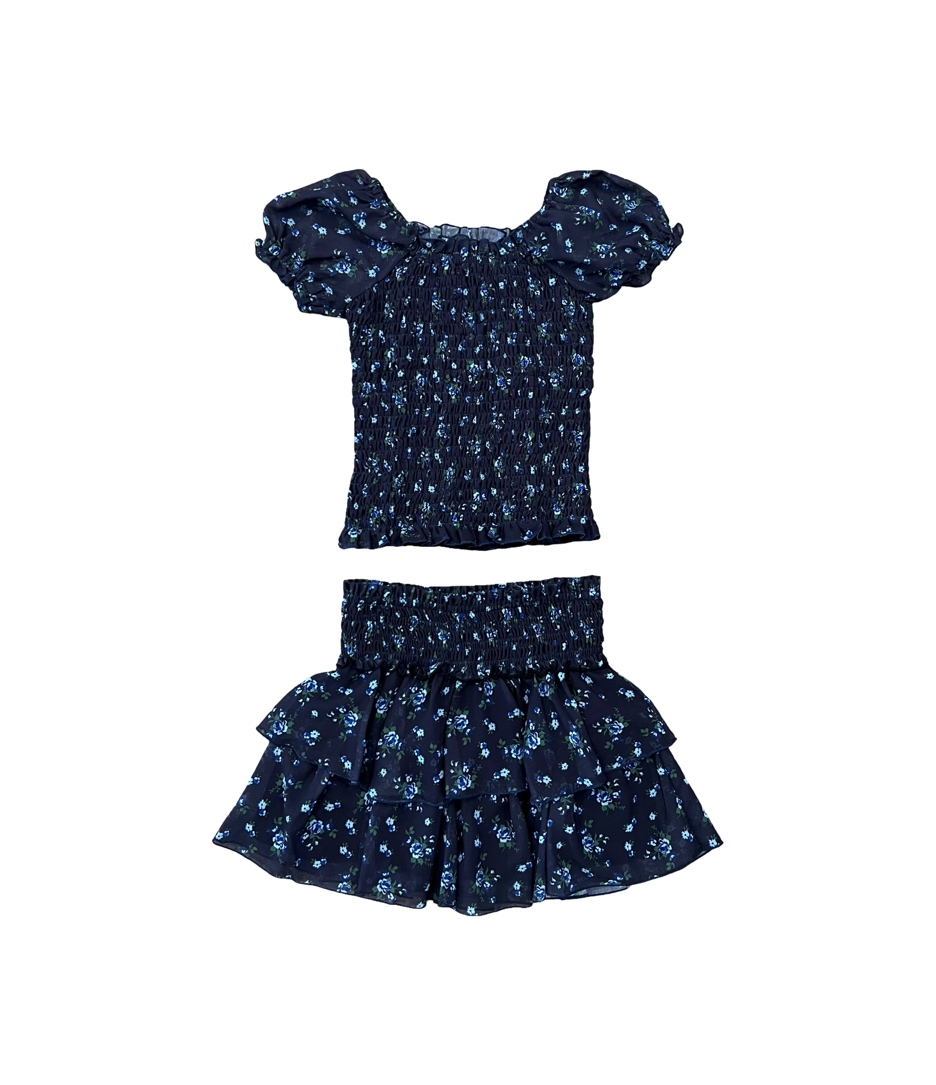 Blue Floral Smocked Waist Chiffon Ruffle Skirt
