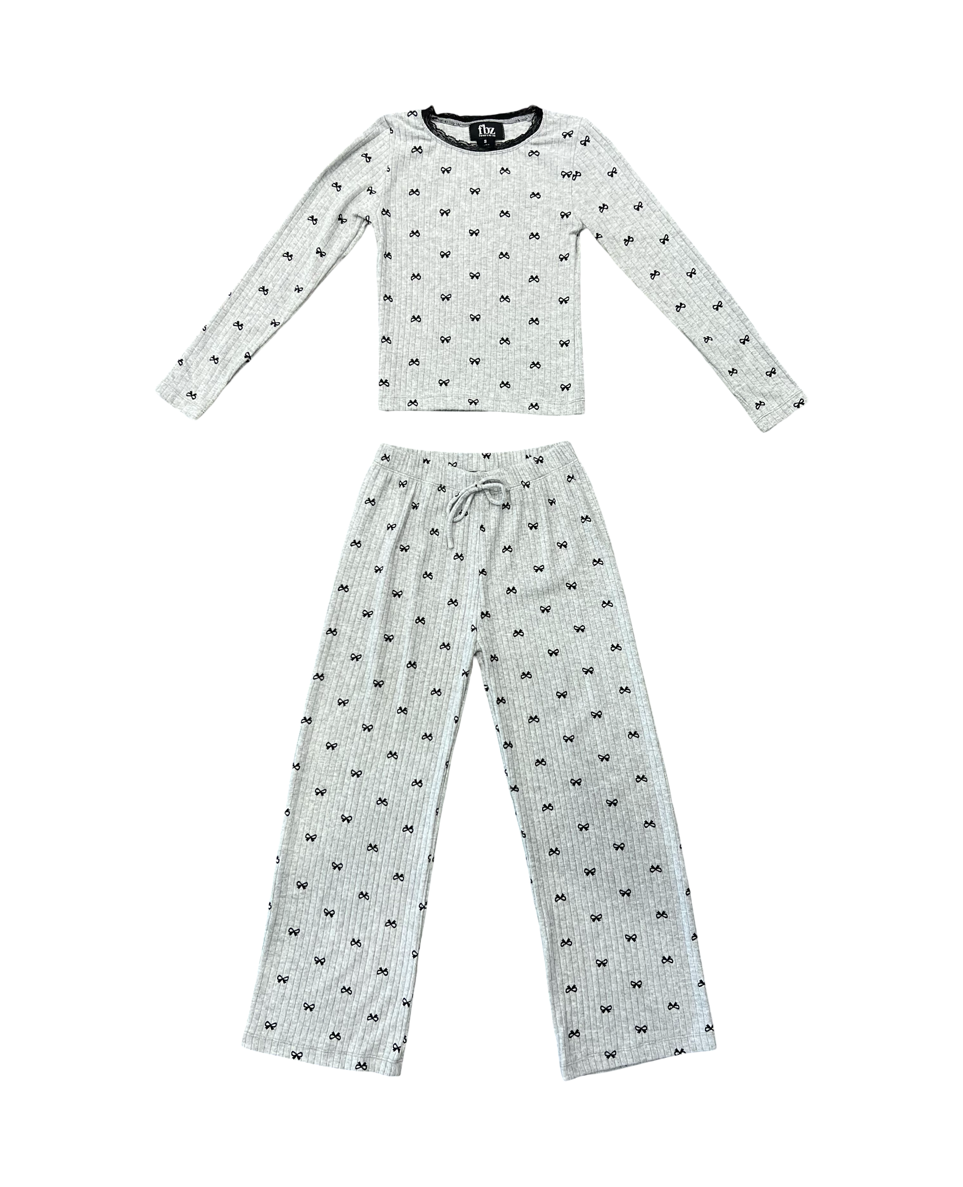 Brushed Grey Ribbed with Black Bows Lace Trim Lounge Set