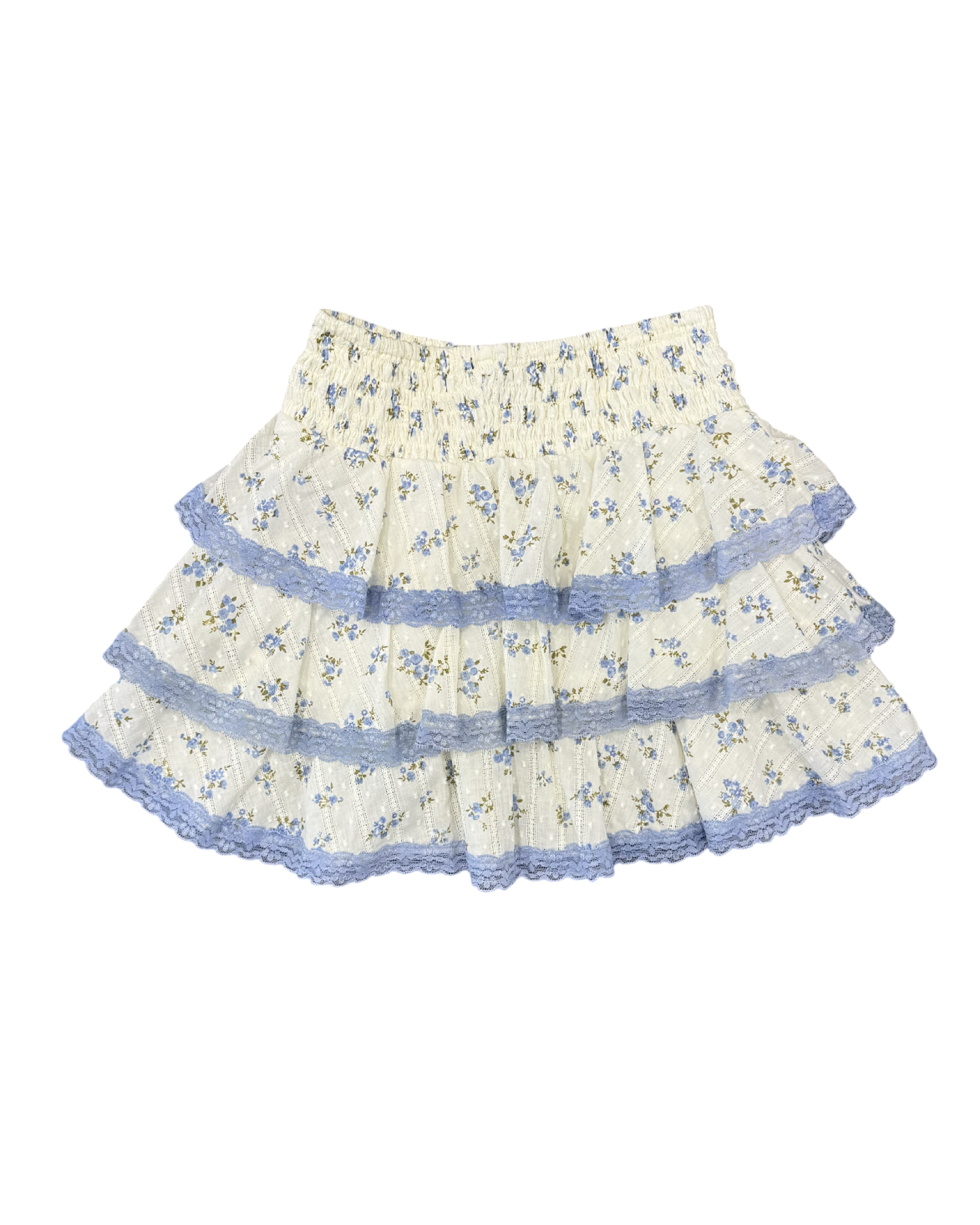 Girls Cream Blue Floral Ruffle Skirt
