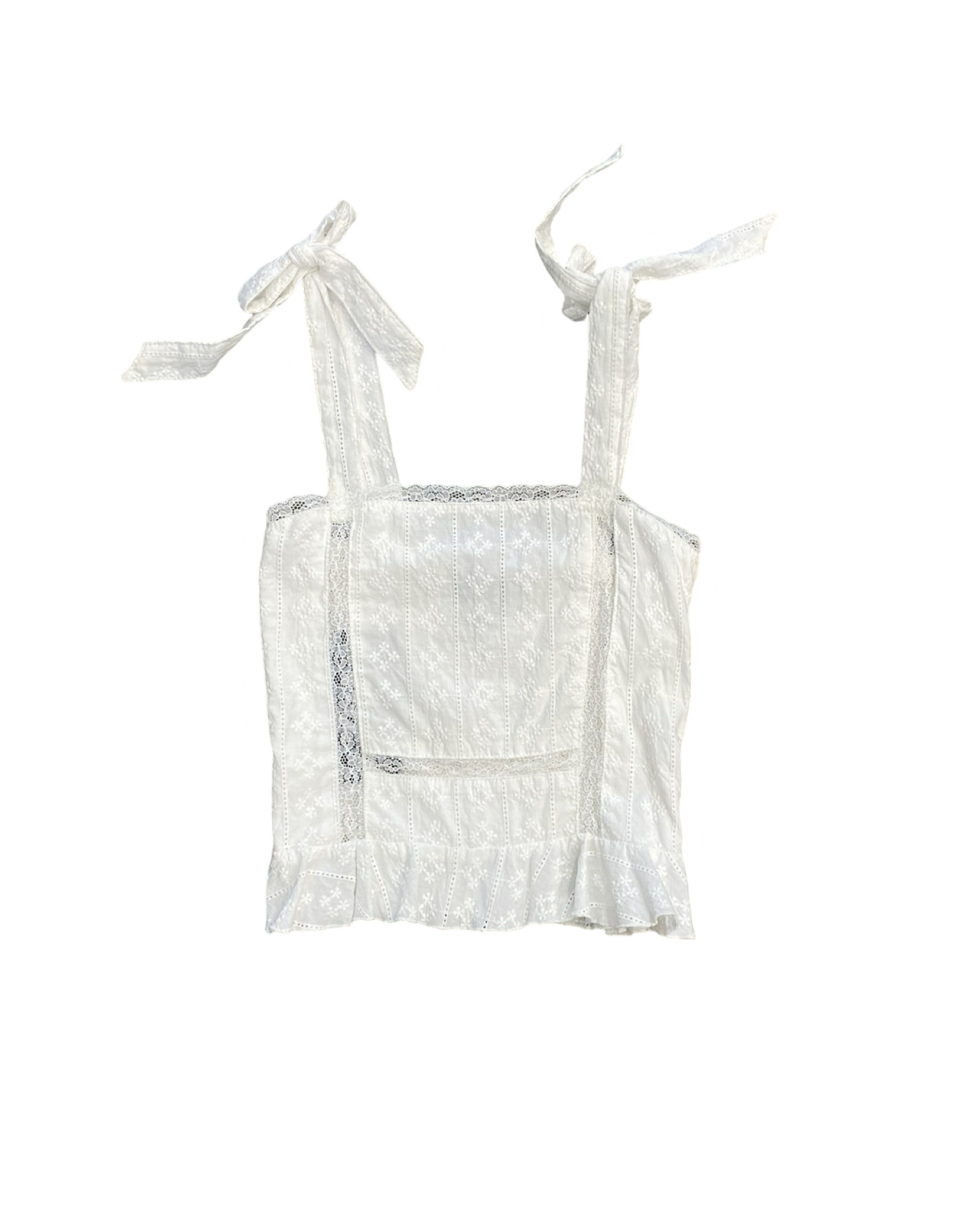 White Eyelet Tie Strap Ruffle Hem Tank