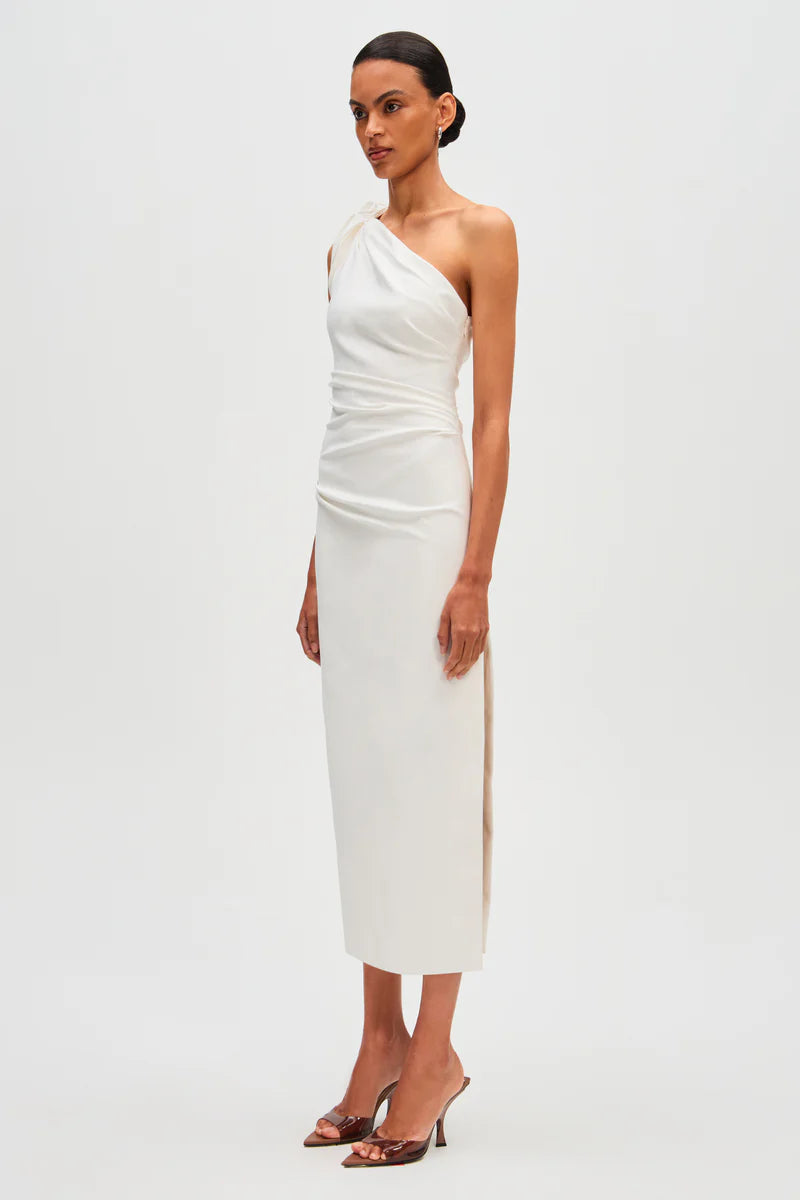 white one shoulder midi dress MISHA | THE 'AUBREE' DRESS IVORY | L