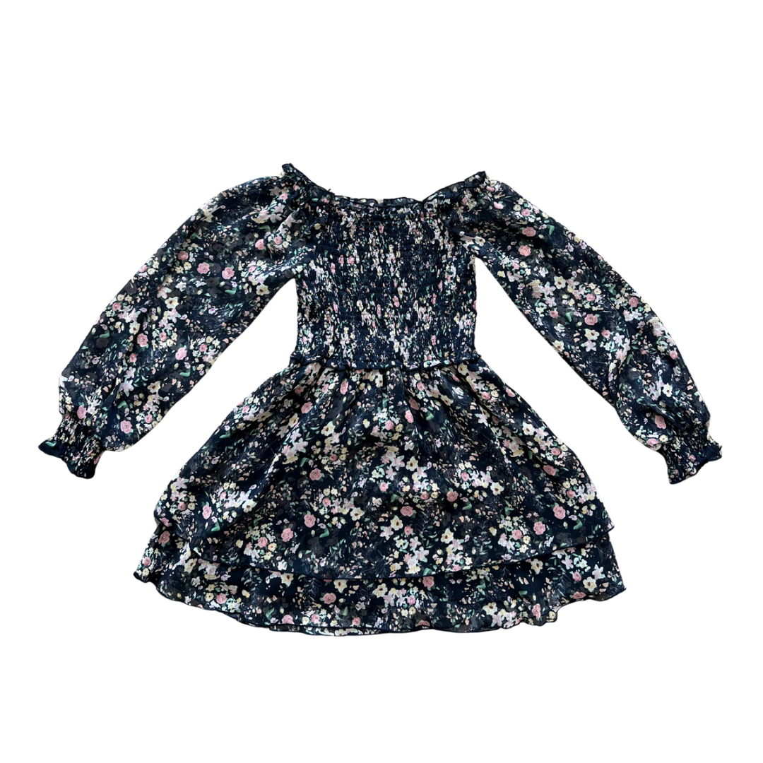 Navy Pink Floral Chiffon Smocked Long Sleeve Dress