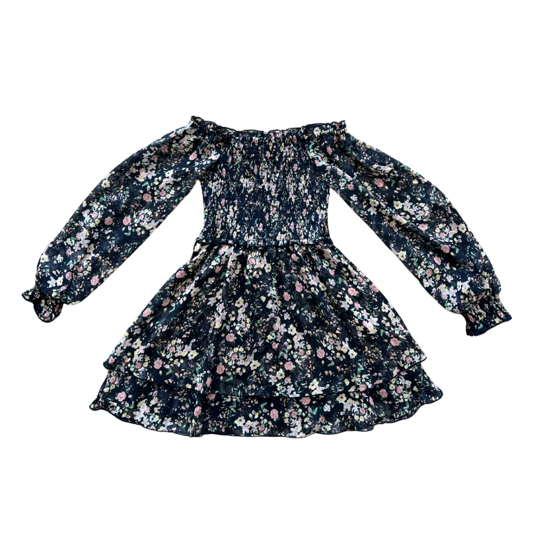 Navy Pink Floral Chiffon Smocked Long Sleeve Dress