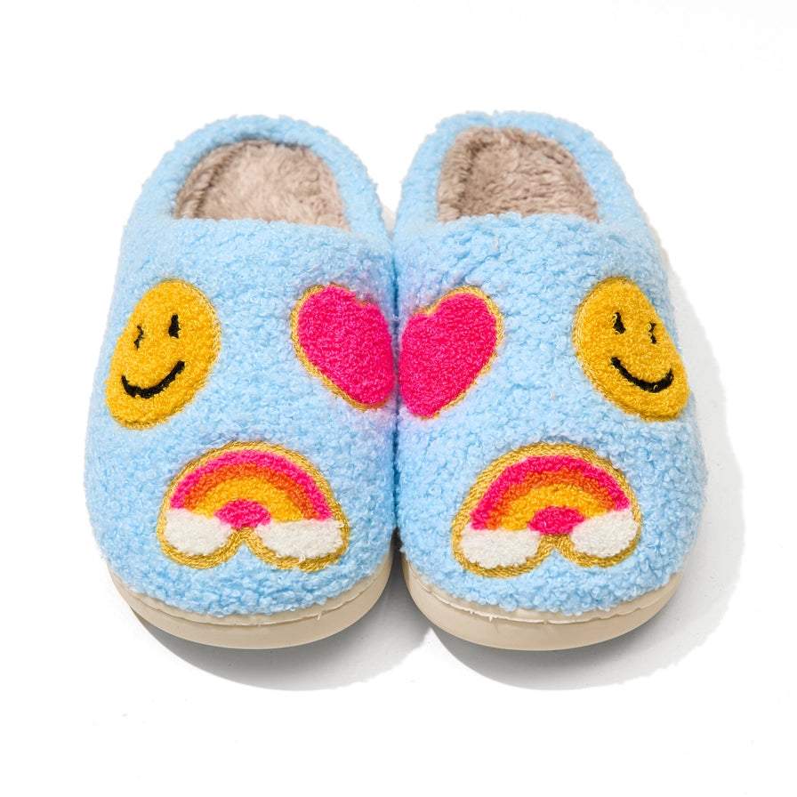 Blue Smiley Rainbow Fuzzy Slippers
