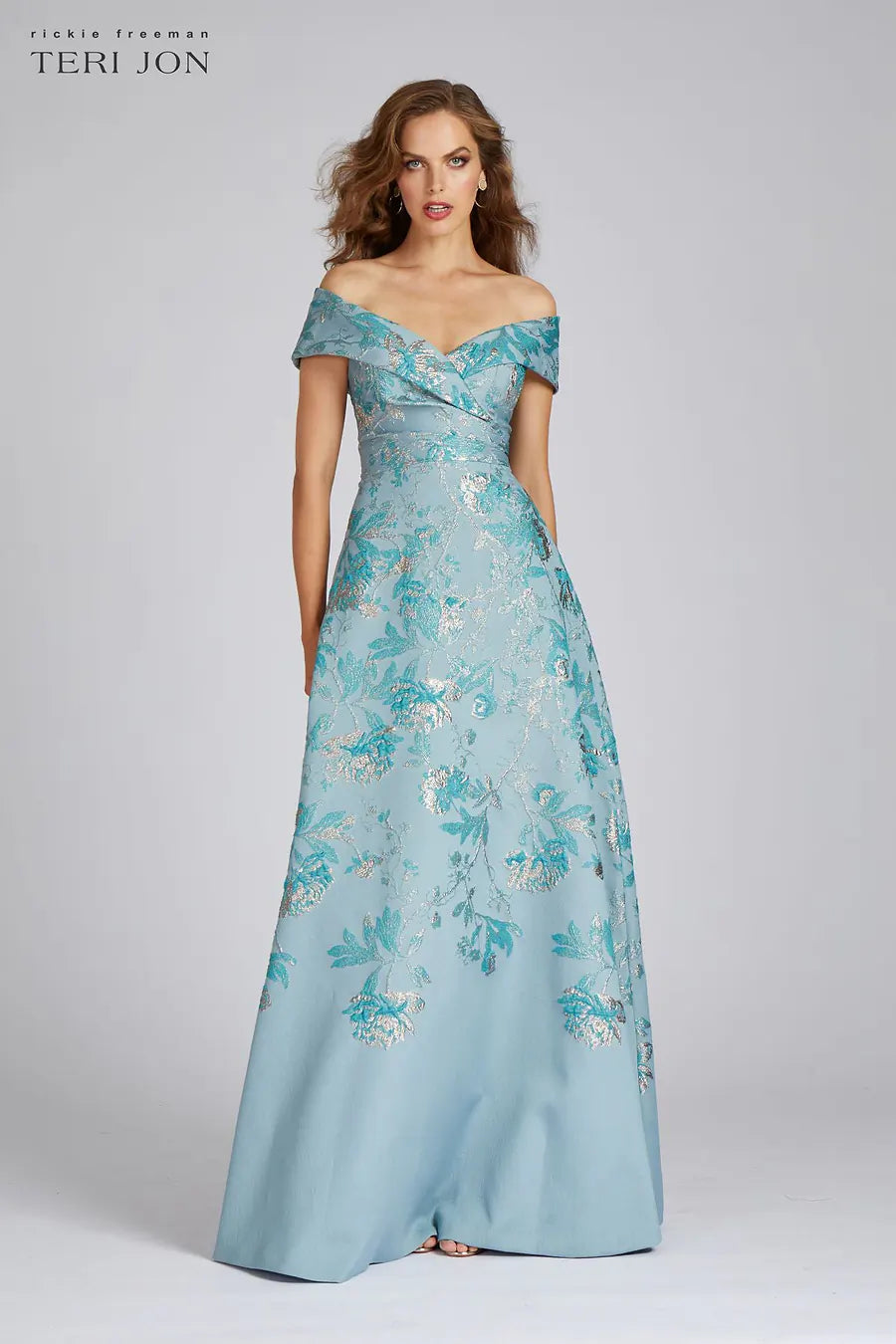 Aqua Gold Off The Shoulder Metallic Jacquard A-Line Gown