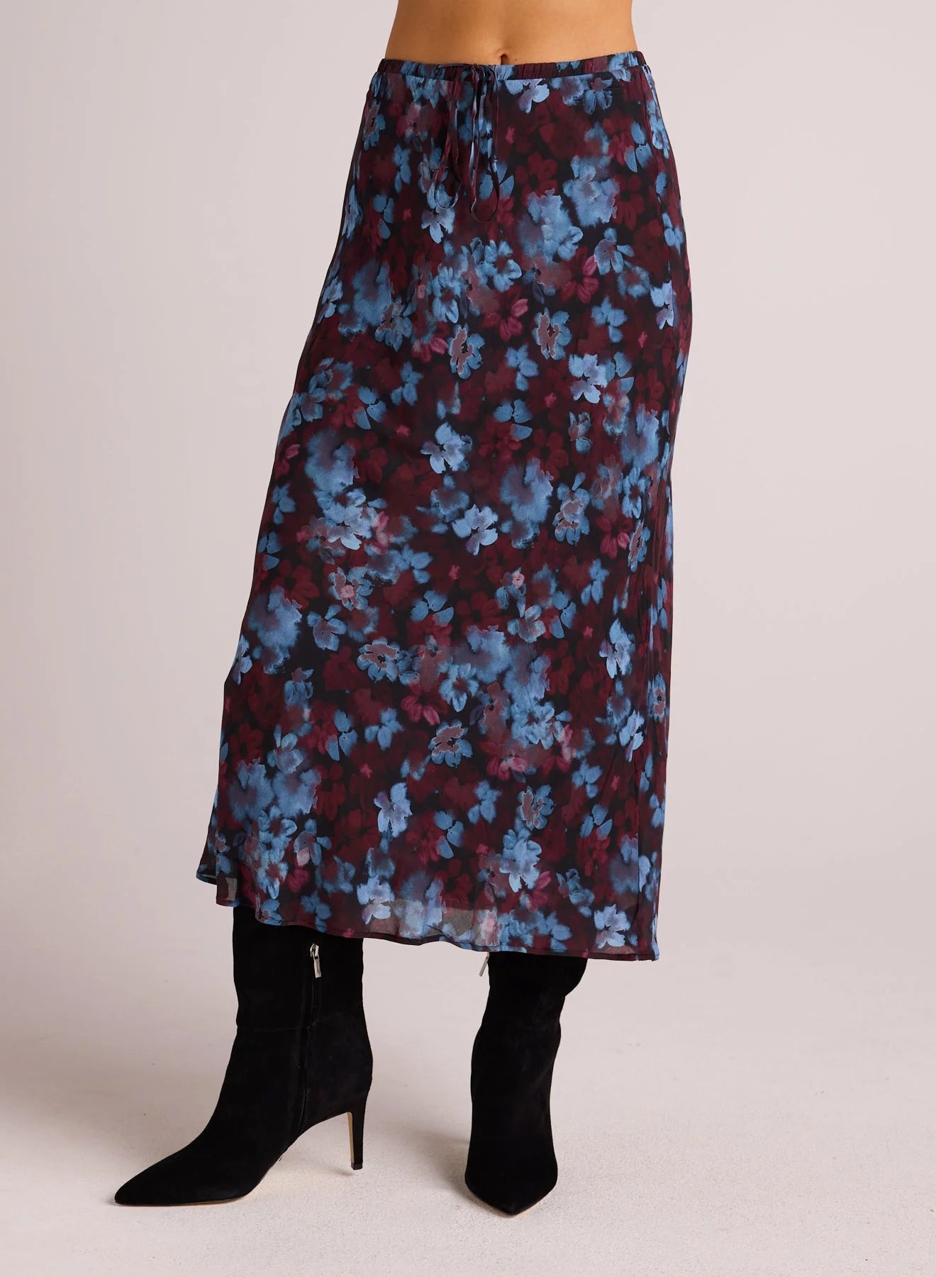 Bias Midi Skirt with Tie - Berry Bloom Print