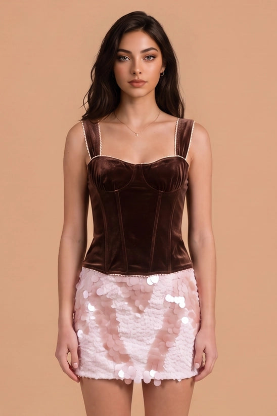Velvet Edge Lace-Trim Corset Top