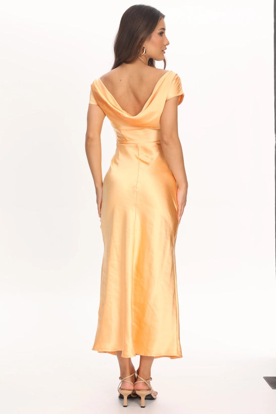 Boat Neck Satin Midi Dress