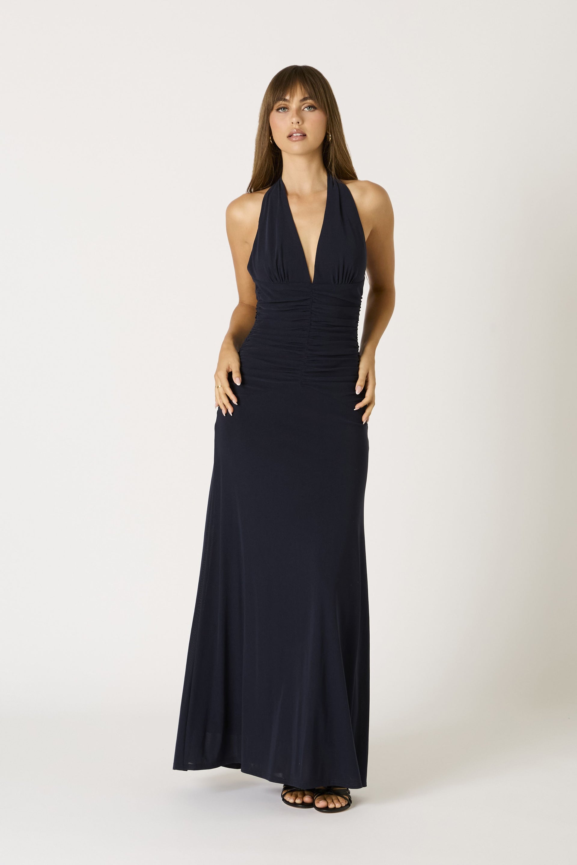 Navy Halter Ruched Maxi Dress