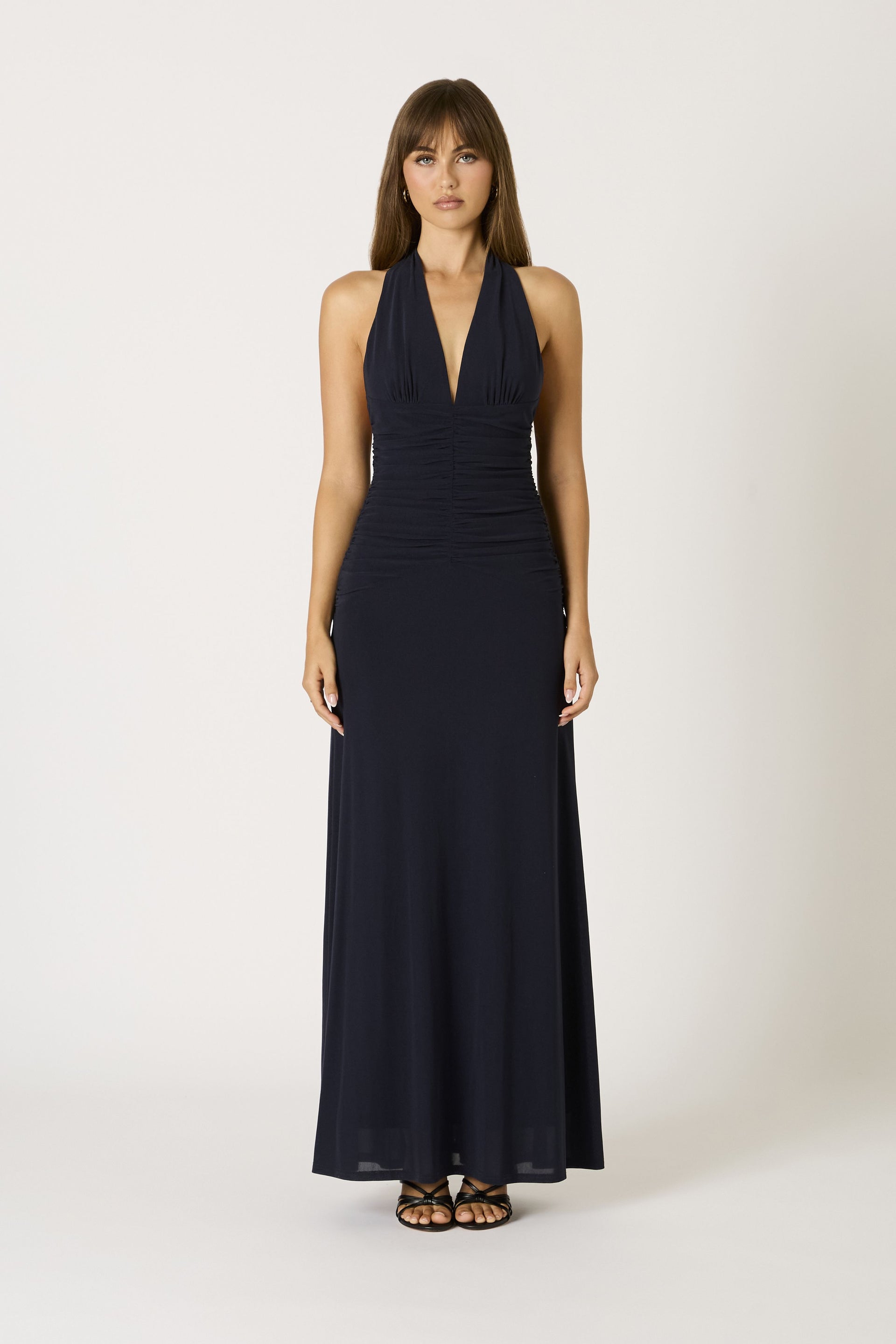 Navy Halter Ruched Maxi Dress