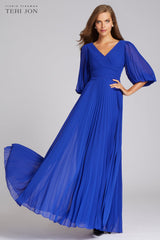 Cobalt Chiffon Puff Sleeve Pleated V-Neck Gown