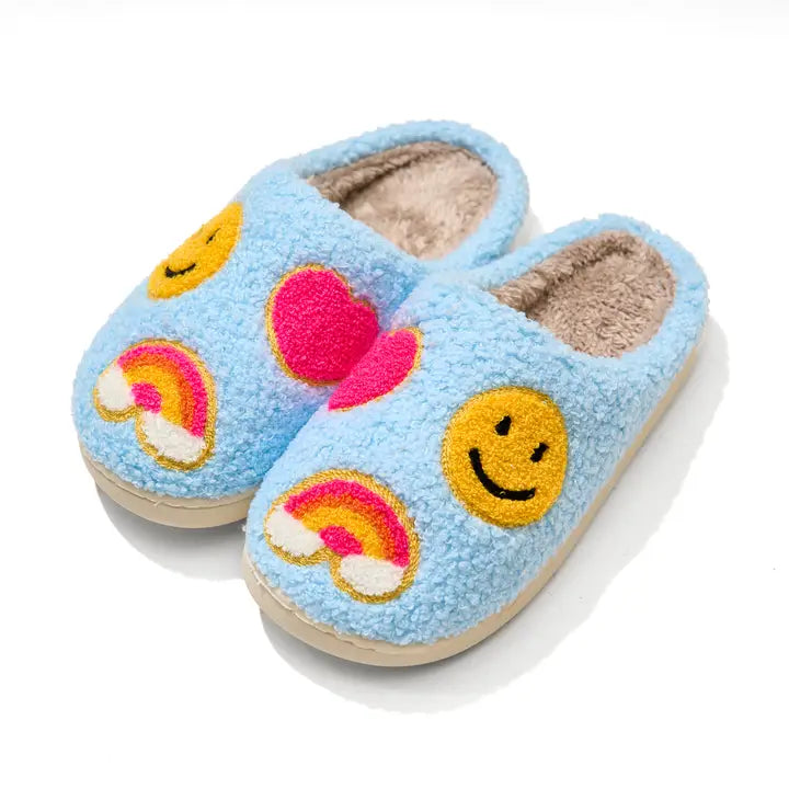 Blue Smiley Rainbow Fuzzy Slippers