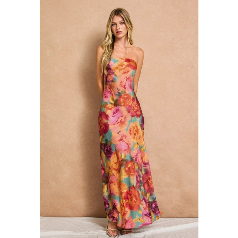 Floral Strapless Bias Cut Maxi Dress