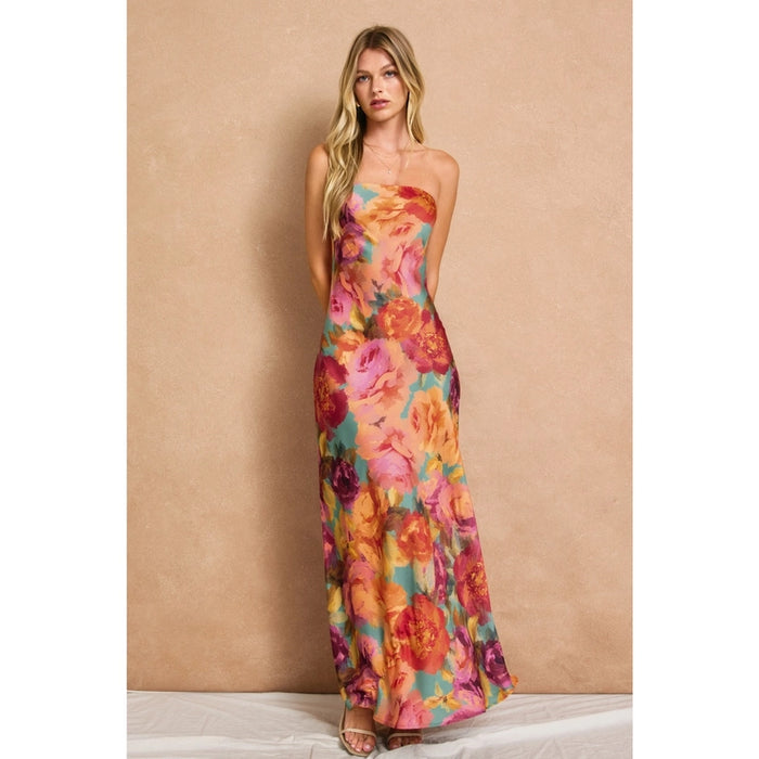 Floral Strapless Bias Cut Maxi Dress