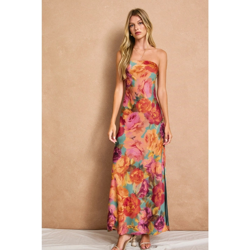 Floral Strapless Bias Cut Maxi Dress