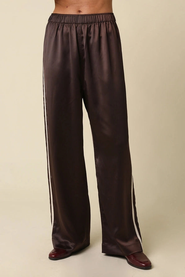 Brown Satin Side Stripe Pants