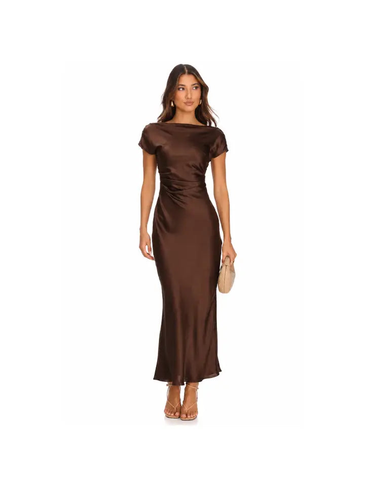 Boat Neck Satin Midi Dress