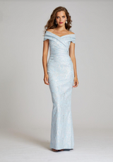 Ice Blue Off Shoulder Stretch Metallic Jacquard Gown