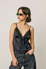 Satin Lace Tie Front Cami Top