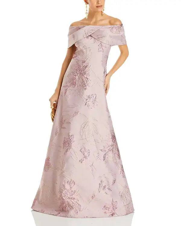 Mauve Off Shoulder Metallic Jacquard Gown