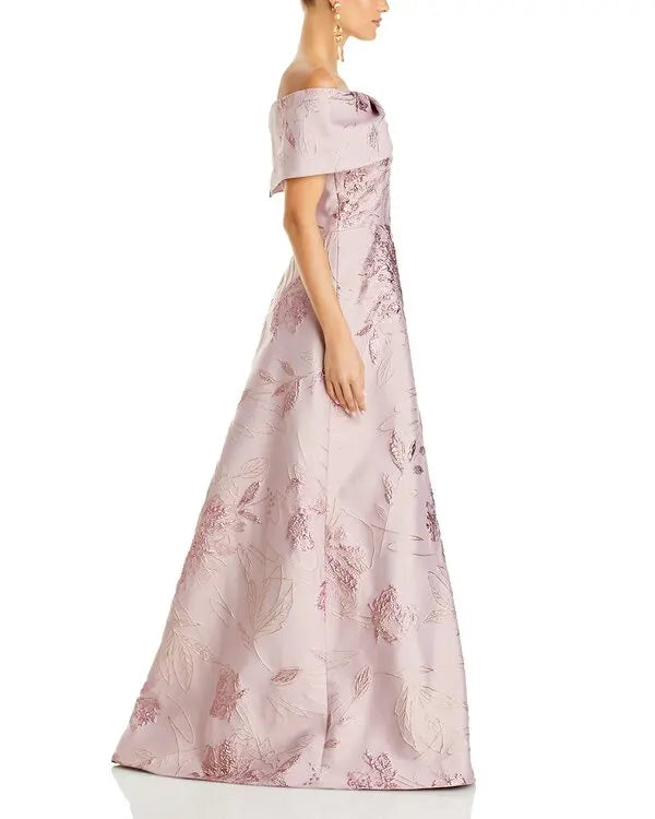 Mauve Off Shoulder Metallic Jacquard Gown