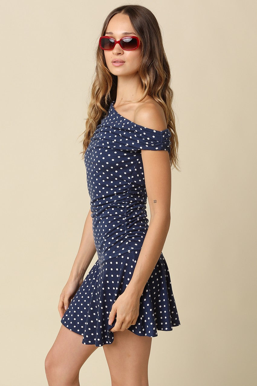 Polka Dot Off Shoulder Jersey Flare Dress